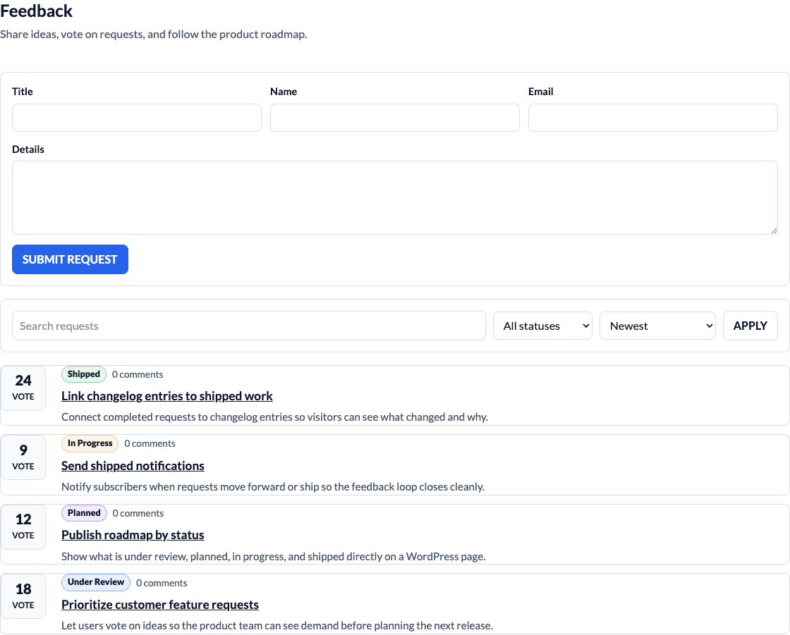 Pufferbay feedback board interface showing request submission, voting, search, and filters.
